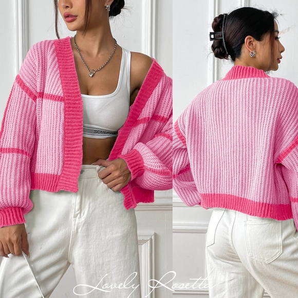 Lovely Rosetta Sweaters - Pink Open Front Dropped Shoulder Cardigan